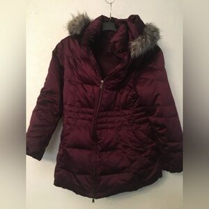 Women's Burgundy Puffer Jacket with Faux Fur Hood